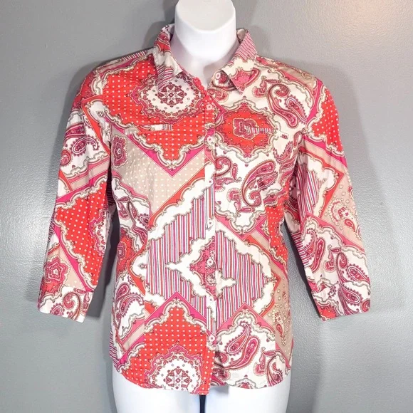 Van Heusen Patchwork Paisley Button Front Shirt XL Red Pink Cotton - Picture 6 of 14